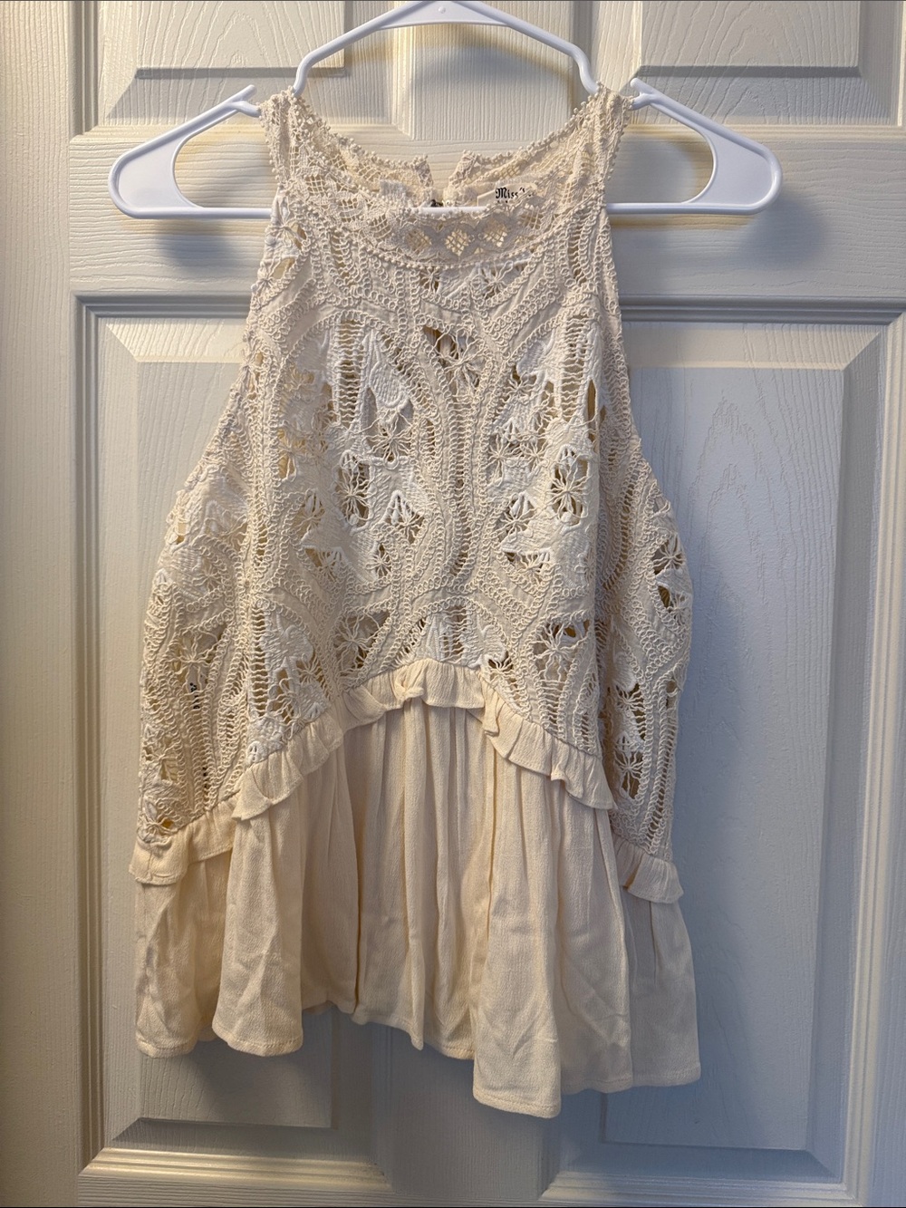 Miss Me Crochet High Neck Ruffled Tank Top Cream Ivory Medium